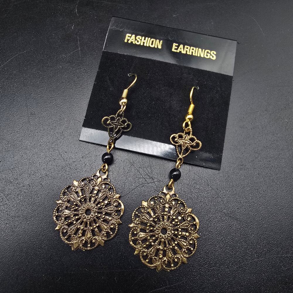 Bronze Tone Filigree Medallion Earrings Dangle Drop Long Pierces NOS NWT